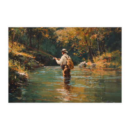 Vintage Fly Fisherman River Scene - Silk Paper Print