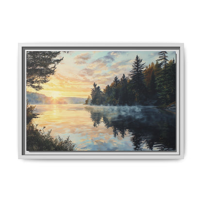 Sunrise Lake Framed Canvas Print — Forest Reflection Wall Art