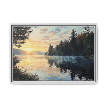 Sunrise Lake Framed Canvas Print — Forest Reflection Wall Art