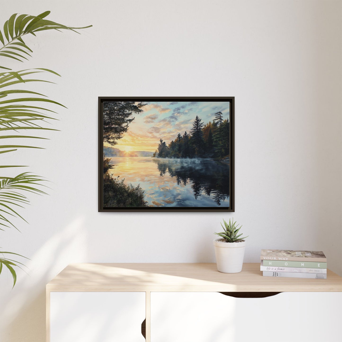 Sunrise Lake Framed Canvas Print — Forest Reflection Wall Art