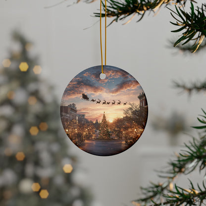 Christmas Street Scene Ceramic Ornament — Santa Sleigh 2-Sided Holiday Decoration