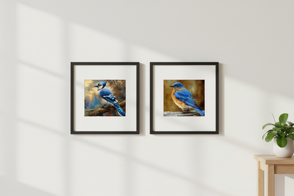 Blue Jay and Eastern Bluebird framed on wall