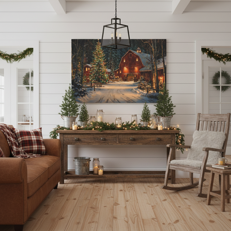 Christmas Barn Scene in Farmhouse Living Room