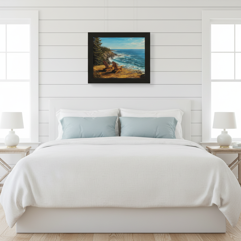 Coastal Clifftop Print - Black Frame Above Bed