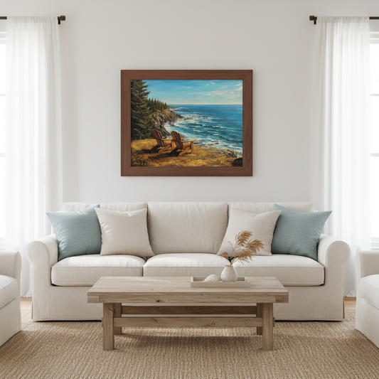 Coastal Clifftop Print - Walnut Frame Above Sofa
