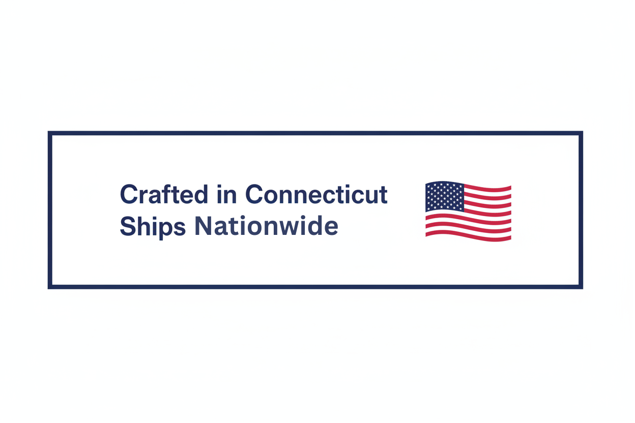 Text 'Crafted in Connecticut Ships Nationwide' with an American flag on a white background