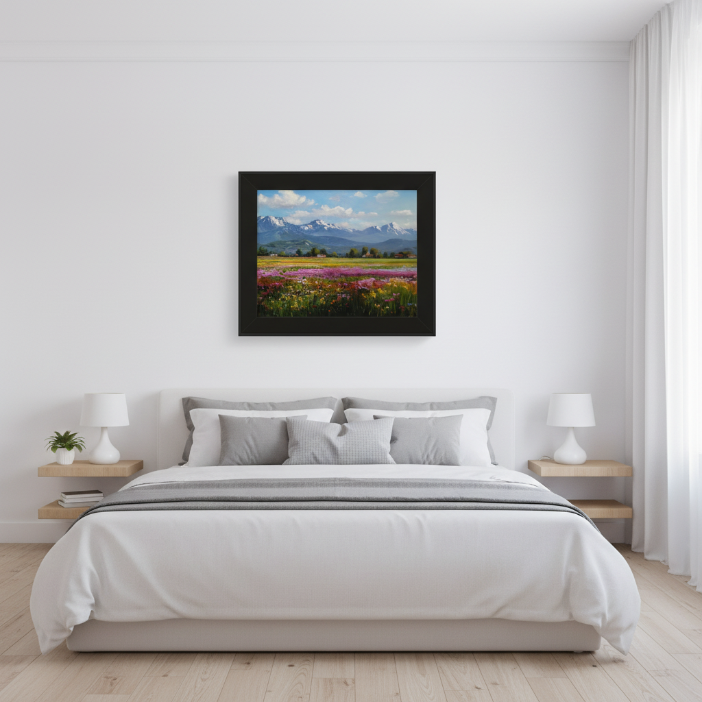 French Mountain Meadow - Black Frame Above Bed