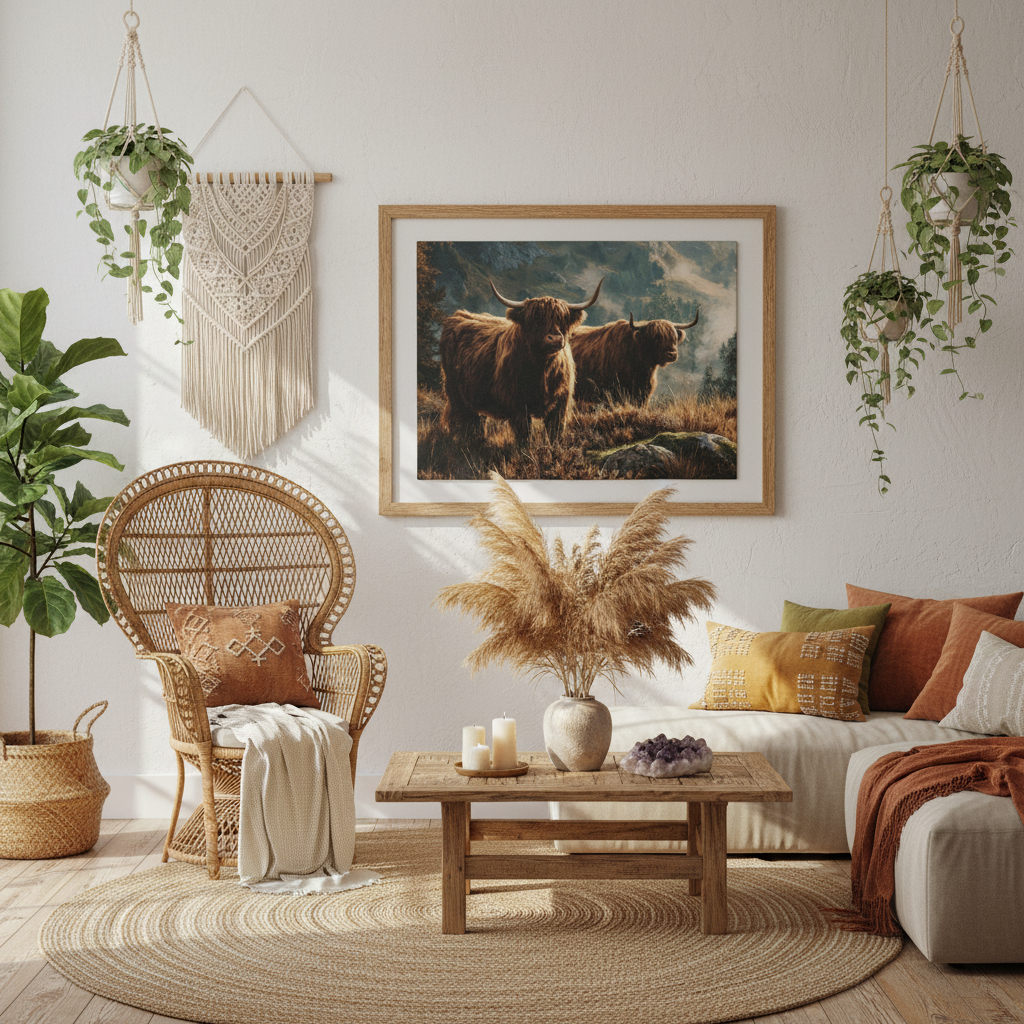 Highland Cow Boho Farmhouse with Product Art