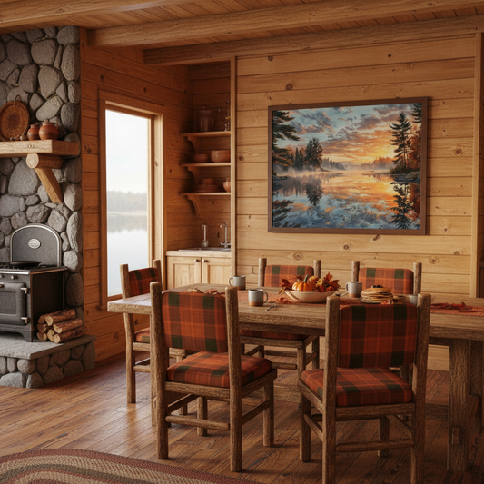 Medium Autumn Lakeside Sunrise Cabin Mockup