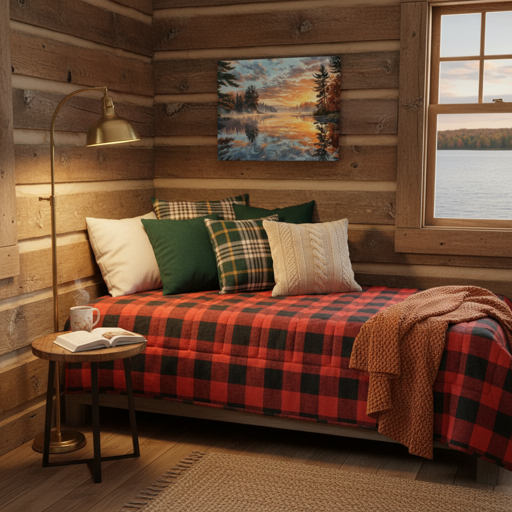 Small Autumn Lakeside Sunrise Cabin Mockup