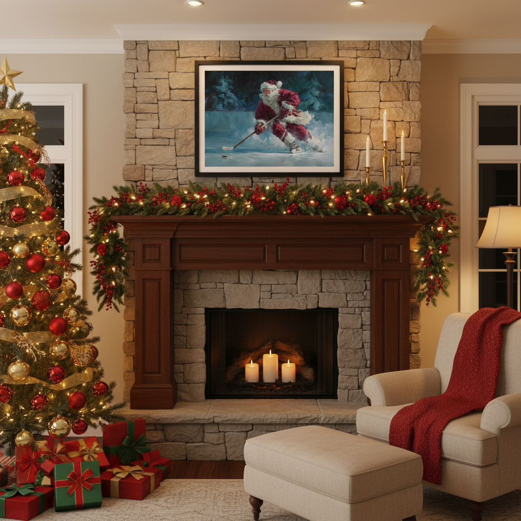 Hockey Santa Fireplace Mockup