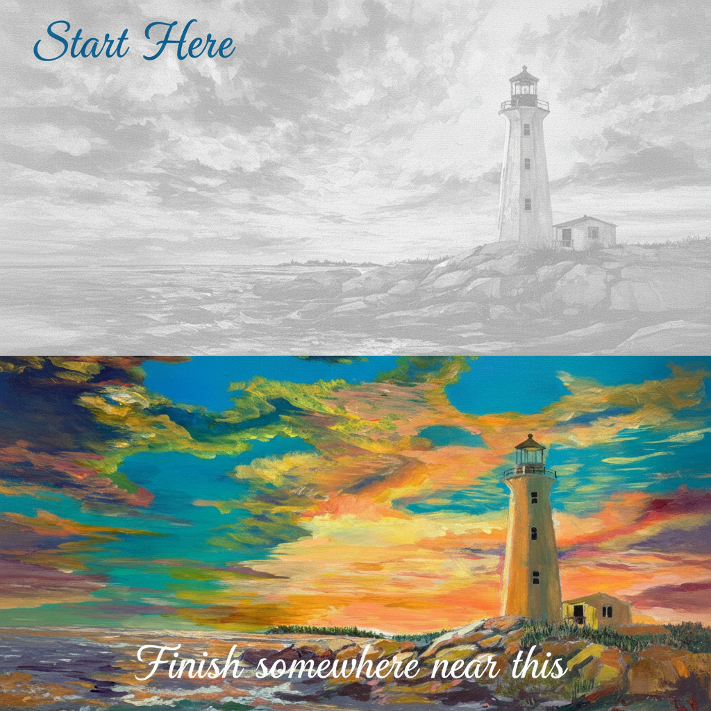 Lighthouse painting kit journey - start with grayscale canvas, finish with vibrant sunset painting