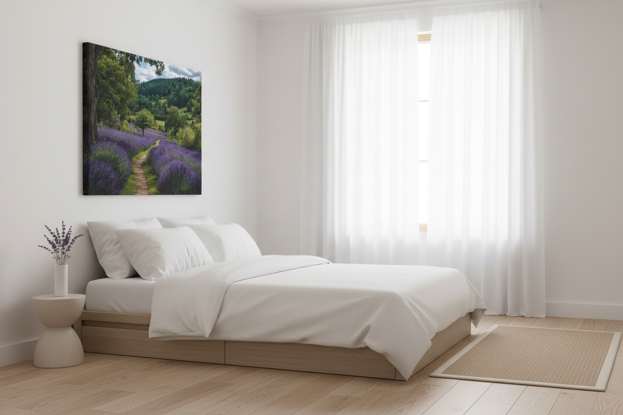 Lavender canvas in minimalist bedroom