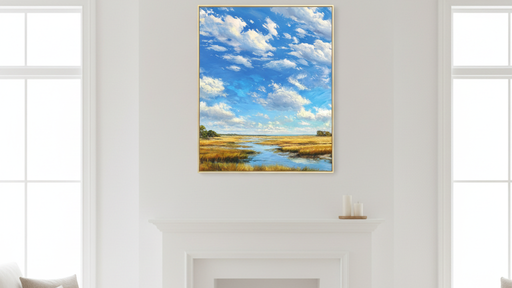 Landscape painting of a marsh scene with blue sky above a white wall.