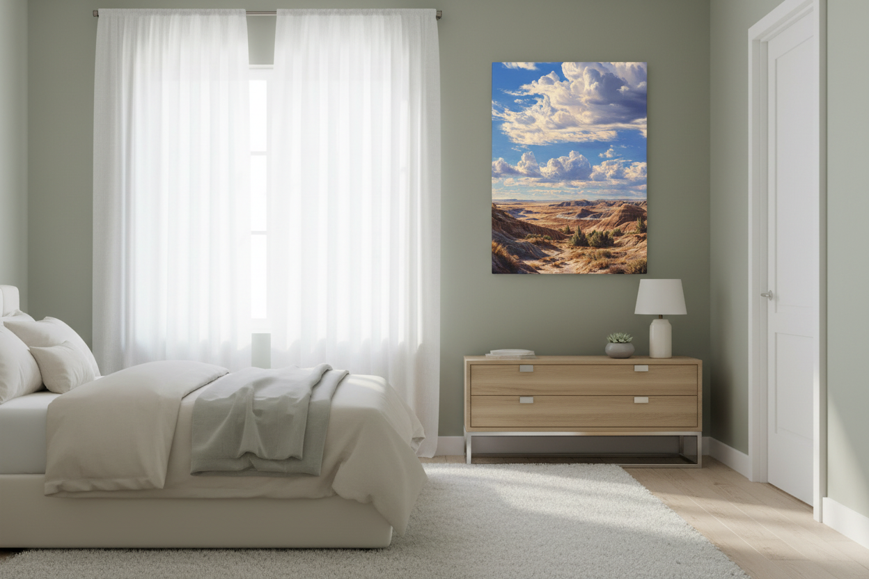 Medium desert badlands above nightstand