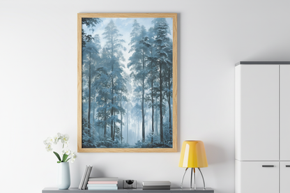 Misty Pine Forest with wooden frame