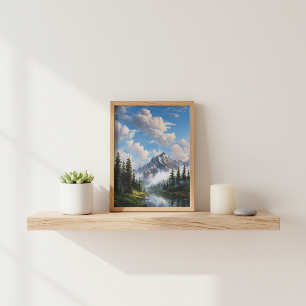 Mountain Lake framed on shelf