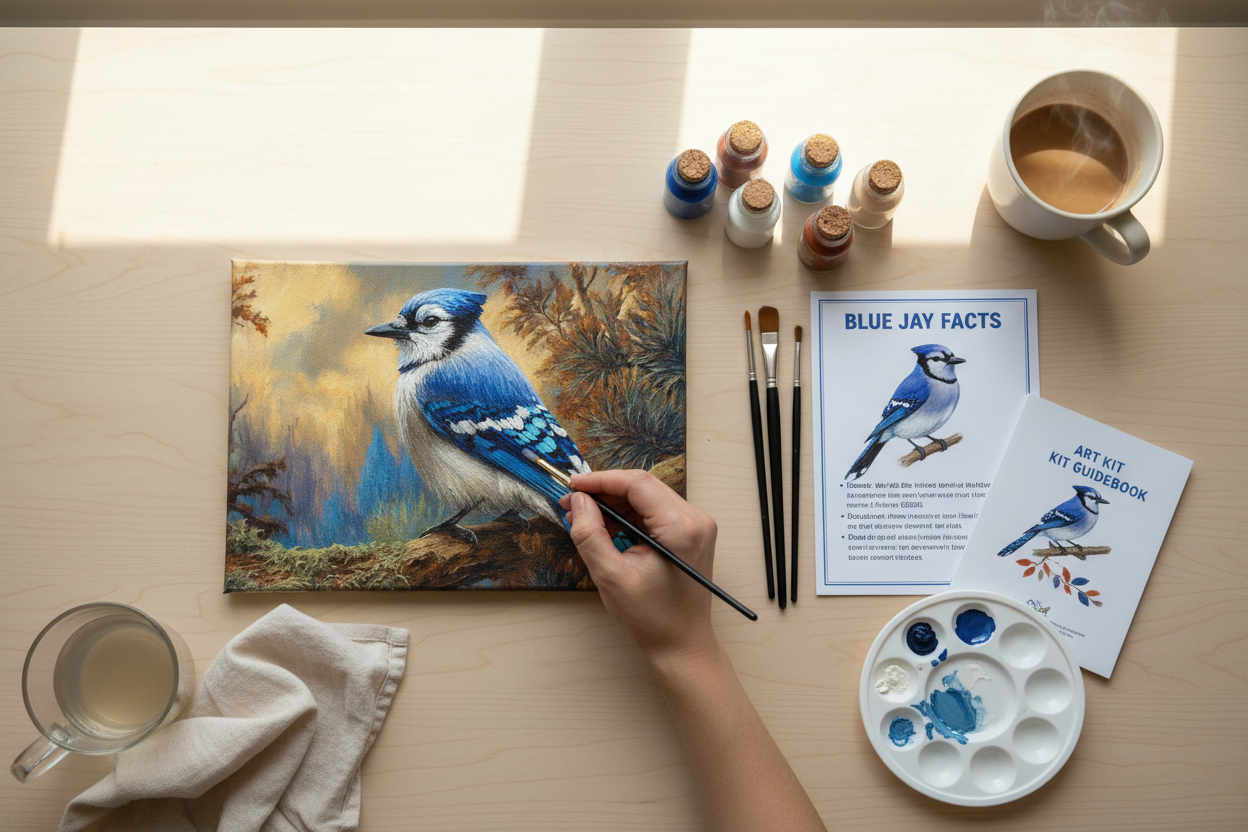 Painting bird with supplies on table