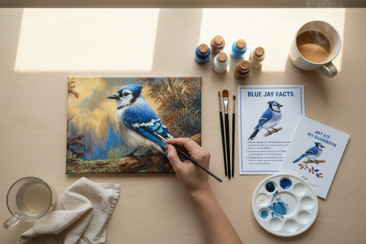 Painting bird with supplies on table