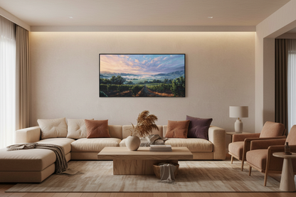 Panoramic Sunrise Vineyard above sofa