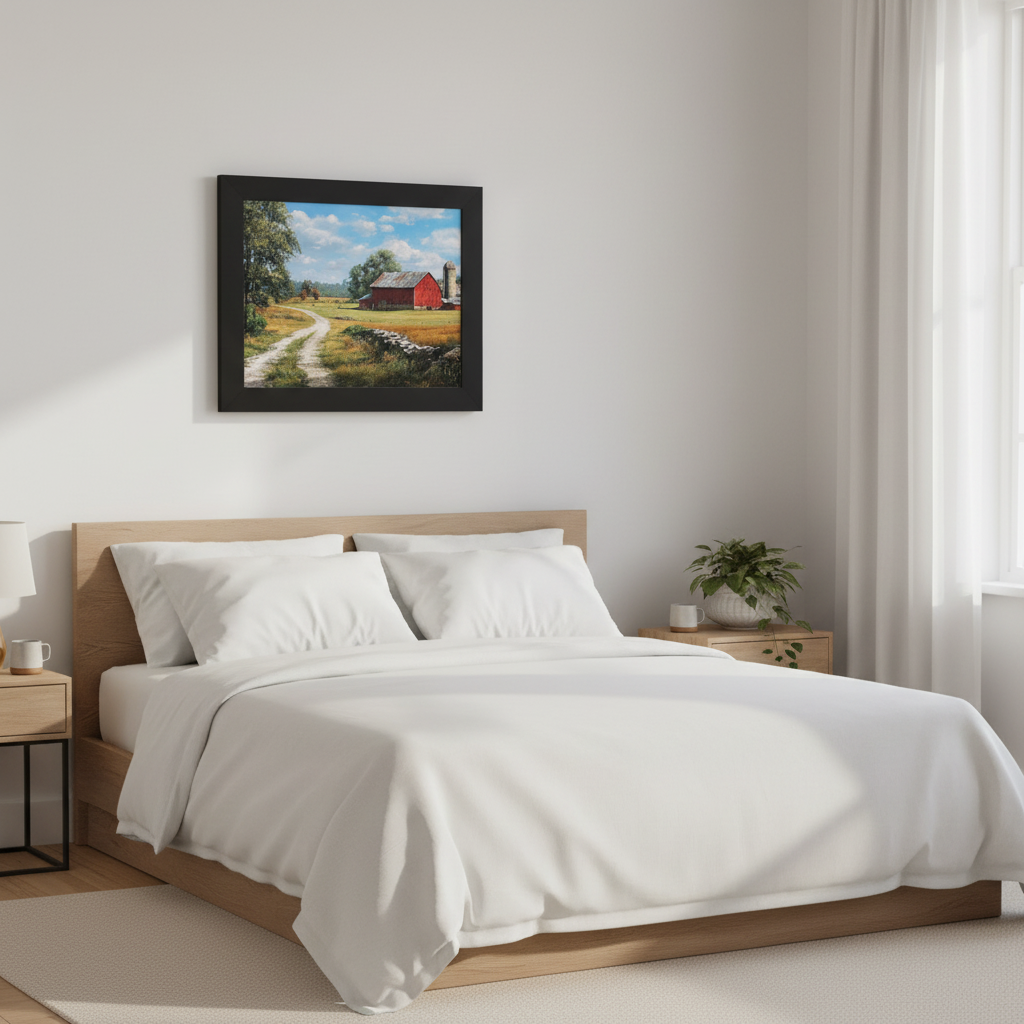 Rustic Red Barn Framed Print Above Bed