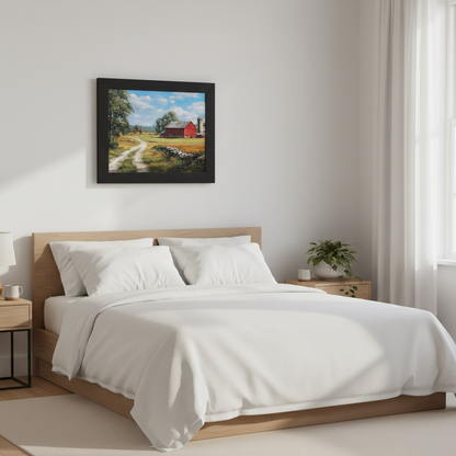 Rustic Red Barn Framed Print Above Bed