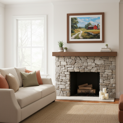 Rustic Red Barn Framed Print Above Fireplace