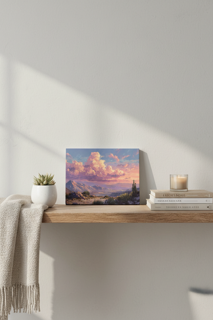 Small desert sunset canvas on shelf