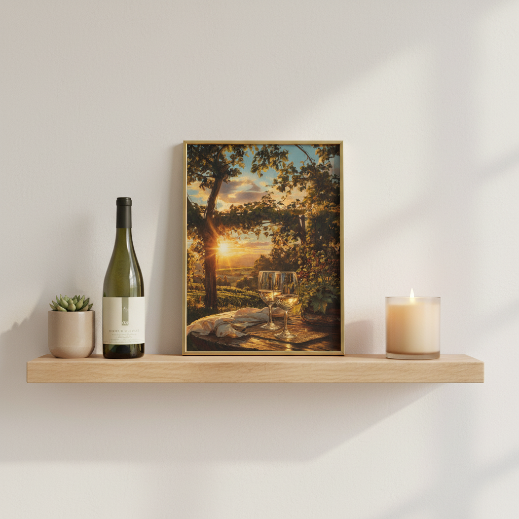 Sunset Vineyard framed on shelf