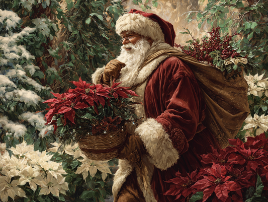 Vintage Santa with Poinsettias Holiday Wall Art - Silk Paper Print
