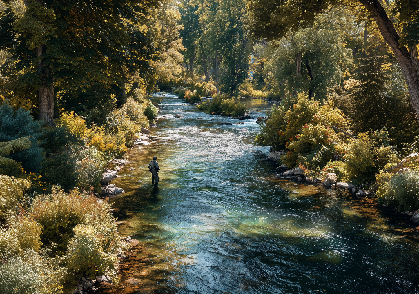 River Fishing — Serene Forest Silk Paper Print