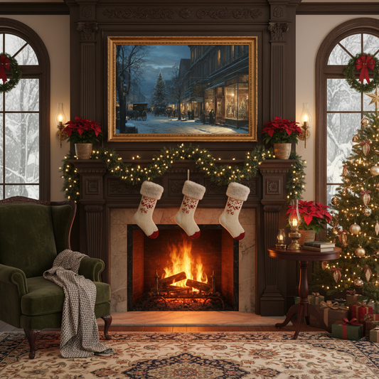 Victorian Christmas Street Print Above Fireplace